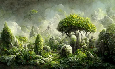 Fototapeten Fantasielandschaft mit vielen seltsamen Pflanzen und Vegetation, digitaler Kunsthintergrund © Coka