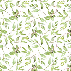 Green leaves seamless patterns. Watercolor illustration