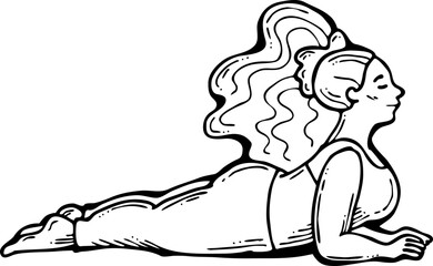 Curvy plus size woman has yoga class and make relaxation pose to be strong and trains her body. Hand drawn monochrome vector illustration.  Comics cartoon line drawing.