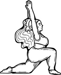 Curvy plus size woman has yoga class and make relaxation pose to be strong and trains her body. Hand drawn monochrome vector illustration.  Comics cartoon line drawing.