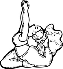 Curvy plus size woman has yoga class and make relaxation pose to be strong and trains her body. Hand drawn monochrome vector illustration.  Comics cartoon line drawing.