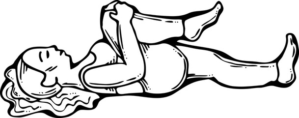 Curvy plus size woman has yoga class and make relaxation pose to be strong and trains her body. Hand drawn monochrome vector illustration.  Comics cartoon line drawing.