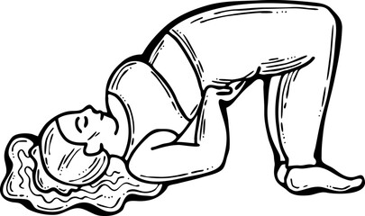 Curvy plus size woman has yoga class and make relaxation pose to be strong and trains her body. Hand drawn monochrome vector illustration.  Comics cartoon line drawing.