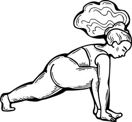 Curvy plus size woman has yoga class and make relaxation pose to be strong and trains her body. Hand drawn monochrome vector illustration.  Comics cartoon line drawing.