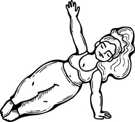 Curvy plus size woman has yoga class and make relaxation pose to be strong and trains her body. Hand drawn monochrome vector illustration.  Comics cartoon line drawing.
