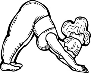 Curvy plus size woman has yoga class and make relaxation pose to be strong and trains her body. Hand drawn monochrome vector illustration.  Comics cartoon line drawing.