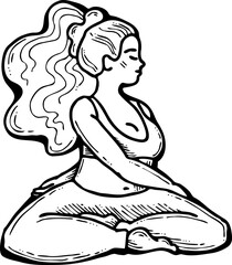 Curvy plus size woman has yoga class and make relaxation pose to be strong and trains her body. Hand drawn monochrome vector illustration.  Comics cartoon line drawing.