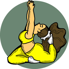 Curvy plus size woman has yoga class and make relaxation pose to be strong and trains her body. Hand drawn colorful retro vintage vector  illustration. Comics cartoon old style drawing.