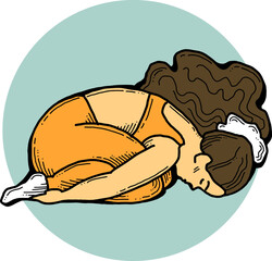 Curvy plus size woman has yoga class and make relaxation pose to be strong and trains her body. Hand drawn colorful retro vintage vector  illustration. Comics cartoon old style drawing.