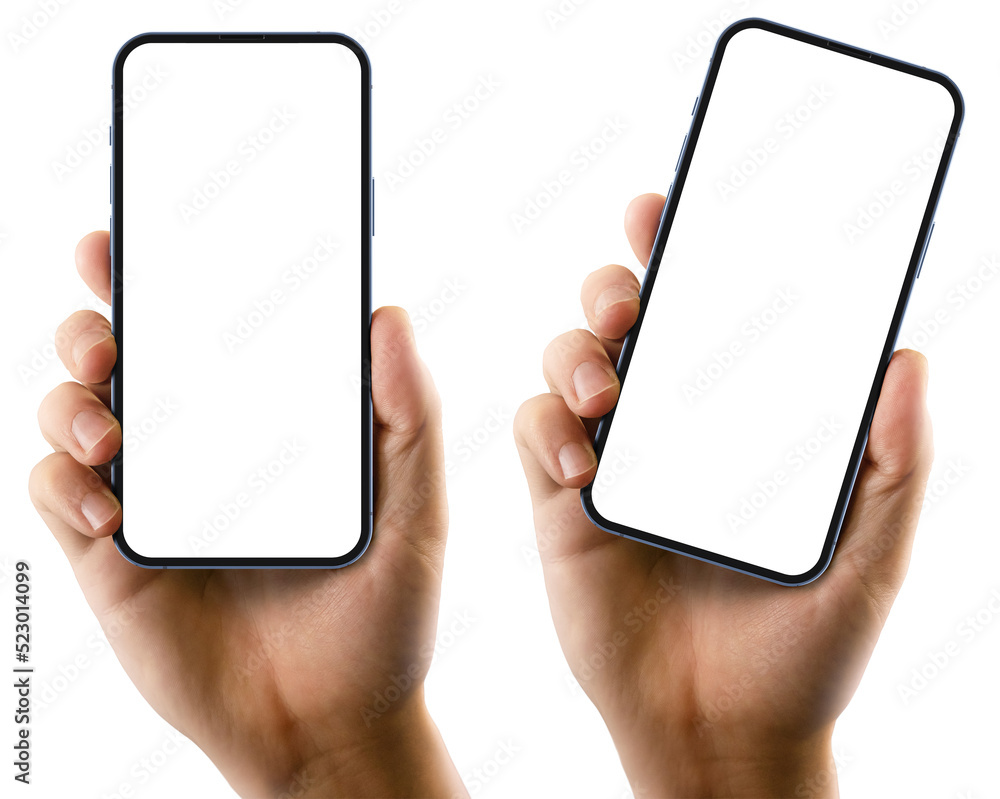 Poster man's hand holding the black smartphone with a transparent blank screen isolated transparent backgro