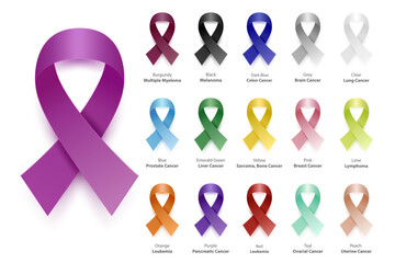 Cancer Ribbon. Vector Realistic 3d Awareness Ribbon Different Color Set Closeup Isolated. International Day of Cancer, World Cancer Day. Design Template for Graphics