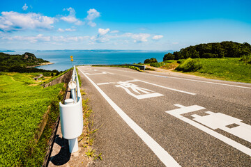 Beautiful view of a slope way near the sea or ocean in summer, Karato in Teshima Island in Kagawa Prefecture in Japan, Travel or outdoor Background	