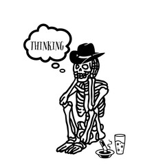 Cowboy skeleton sitting and thinking 
