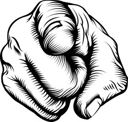 Retro black woodcut print style hand pointing finger at viewer, from front

