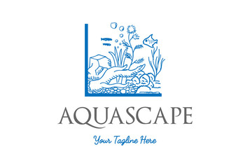 Fish Tank with Rock Coral Wood and Algae for Aquarium Aquascape Logo Design
