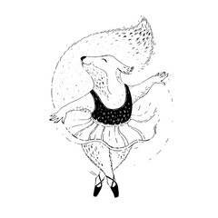 Vector illustration of a ballerina squirrel.  Dancing squirrel on a white background. Line illustration.   © Dariia