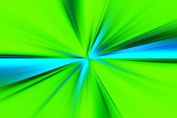 Abstract surface of radial blur zoom in neon green and blue tones.  Bright spectacular background with radial, diverging, converging lines.  