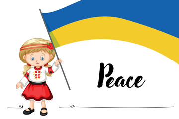 vector illustration. sad little Ukrainian girl holding the flag of ukraine in her hands. peace