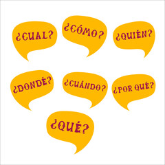 English translation what where when how why how many. Comics speech bubble set with Spanish words made of letters in mexican style. Label, text, quote, question. Flat vector illustration 