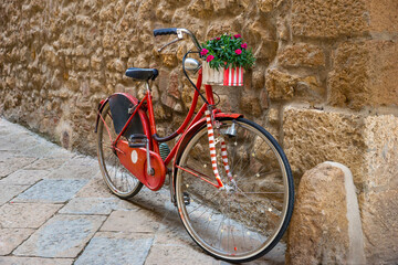 Fototapeta na wymiar old red bicycle with flowers, stone wall and street in village