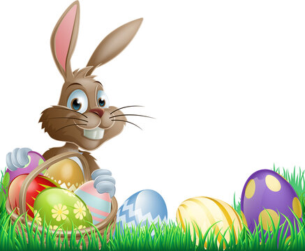 Isolated Easter footer design with a bunny rabbit and decorated Easter eggs in a basket