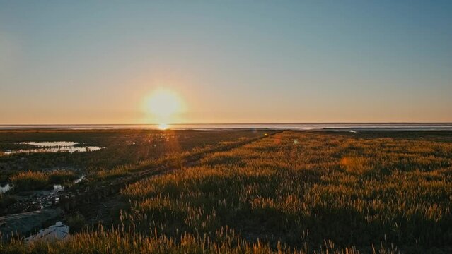 Strand mit Salzgras bei Sonnenuntergang (Gimbal vertikal abw&auml;rts)