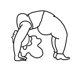 Curvy plus size woman has yoga class and make relaxation pose to be strong and trains her body. Hand drawn simple black and white illustration. Comics cartoon line drawing.