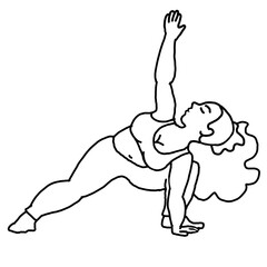 Curvy plus size woman has yoga class and make relaxation pose to be strong and trains her body. Hand drawn simple black and white illustration. Comics cartoon line drawing.