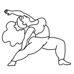 Curvy plus size woman has yoga class and make relaxation pose to be strong and trains her body. Hand drawn simple black and white illustration. Comics cartoon line drawing.