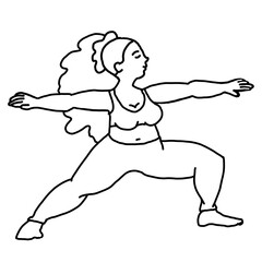 Curvy plus size woman has yoga class and make relaxation pose to be strong and trains her body. Hand drawn simple black and white illustration. Comics cartoon line drawing.