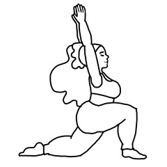 Curvy plus size woman has yoga class and make relaxation pose to be strong and trains her body. Hand drawn simple black and white illustration. Comics cartoon line drawing.