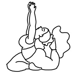 Curvy plus size woman has yoga class and make relaxation pose to be strong and trains her body. Hand drawn simple black and white illustration. Comics cartoon line drawing.