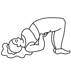 Curvy plus size woman has yoga class and make relaxation pose to be strong and trains her body. Hand drawn simple black and white illustration. Comics cartoon line drawing.