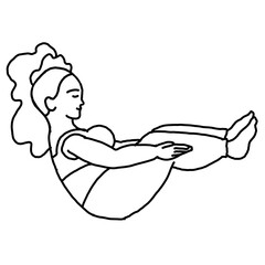Curvy plus size woman has yoga class and make relaxation pose to be strong and trains her body. Hand drawn simple black and white illustration. Comics cartoon line drawing.