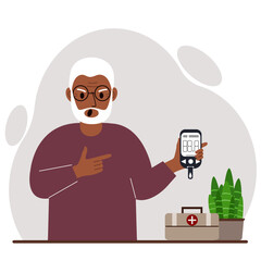 Screaming old man holds a glucometer in his hand. The concept of blood sugar control, diabetic.