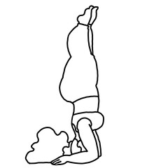 Curvy plus size woman has yoga class and make relaxation pose to be strong and trains her body. Hand drawn simple black and white illustration. Comics cartoon line drawing.