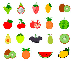 Fruit icon set. Grapes, apple, dragon fruit, mango, kiwi fruit, cherry, pomegranate, watermelon, avocado, apricot, berries, peach, orange, and lemon fruit set.