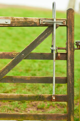 Wooden cattle gate with metal spring latch closeup at the Holy Cairn Standing Stones Newton Stewart...