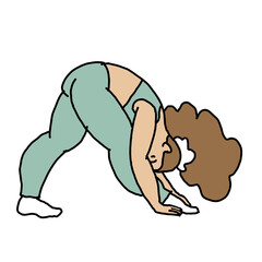 Curvy plus size woman has yoga class and make relaxation pose to be strong and trains her body. Hand drawn colorful retro vintage  illustration. Comics cartoon old school style drawing.