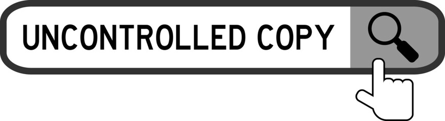 Search banner in word uncontrolled copy with hand over magnifier icon on white background