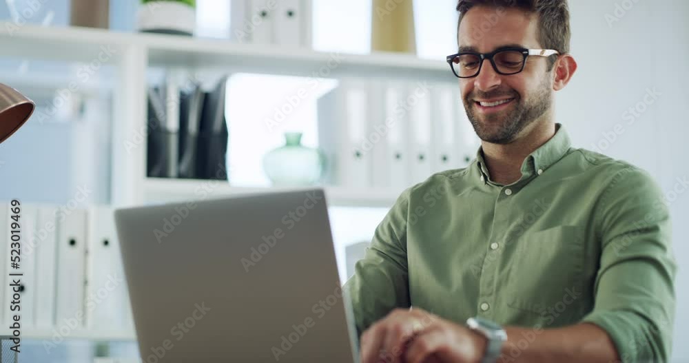 Poster creative entrepreneur typing on laptop, browsing the internet and searching customer emails on offic