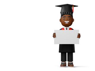 Happy graduation boy hold book and diploma, 3d rendering