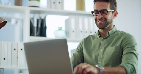 Creative entrepreneur typing on laptop, browsing the internet and searching customer emails on office technology. Smiling, happy and ambitious business man working on innovation and a startup vision - Powered by Adobe