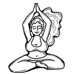 Curvy plus size woman has yoga class and make relaxation pose to be strong and trains her body. Hand drawn simple monochrome illustration. Comics cartoon line drawing.
