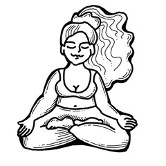 Curvy plus size woman has yoga class and make relaxation pose to be strong and trains her body. Hand drawn simple monochrome illustration. Comics cartoon line drawing.