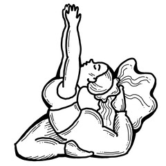 Curvy plus size woman has yoga class and make relaxation pose to be strong and trains her body. Hand drawn simple monochrome illustration. Comics cartoon line drawing.