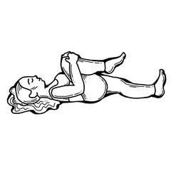 Curvy plus size woman has yoga class and make relaxation pose to be strong and trains her body. Hand drawn simple monochrome illustration. Comics cartoon line drawing.