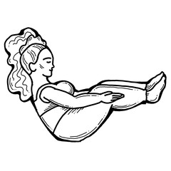 Curvy plus size woman has yoga class and make relaxation pose to be strong and trains her body. Hand drawn simple monochrome illustration. Comics cartoon line drawing.