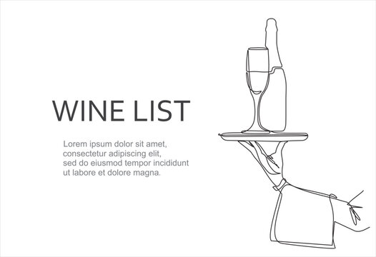 Wine list. Continuous line one drawing of hand holding dish with bottle and a glass drawn from the hand a picture of the silhouette. Line art. a bottle of champagne with a wine glass