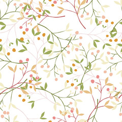 Hand drawn berry elements with leaves seamless pattern. Doodle botanical plants wallpape.